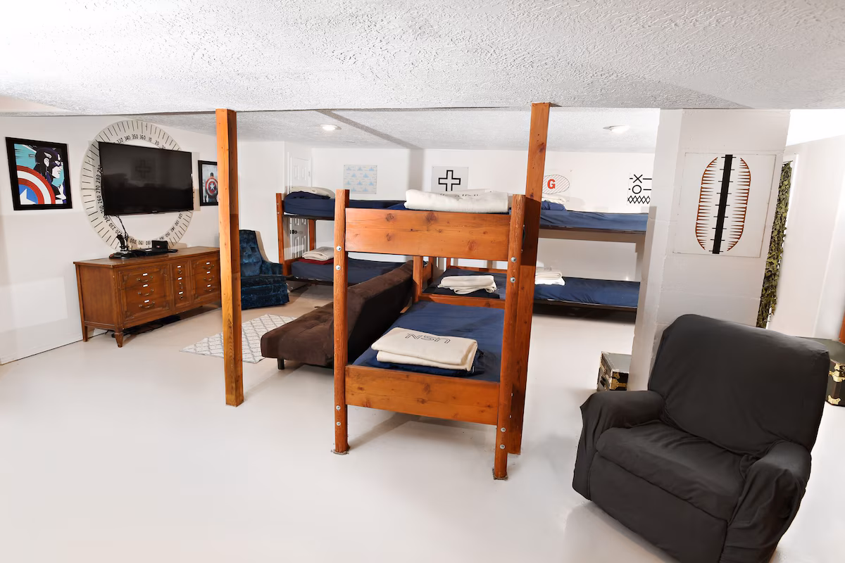 The Barracks -- 10 bunk beds. Lots of fun. Put the rowdies down here.